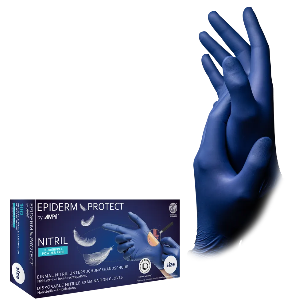 Nitrilhandschuhe, metallblau, blau, Größe M, puderfrei, Epiderm Protect by Med-Comfort: Hautfreundliche Nitril Einmalhandschuhe als Schutzhandschuhe und Untersuchungshandschuhe aus Nitril kaufen.