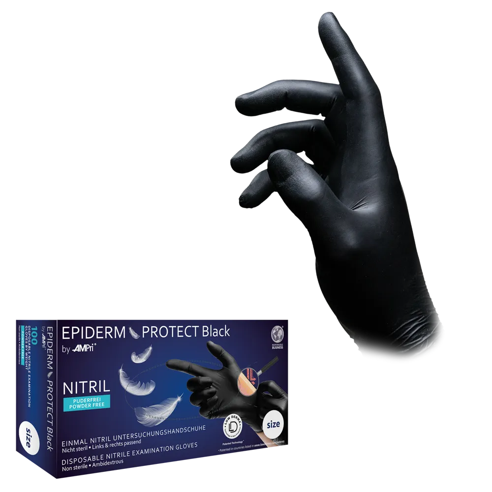 Nitrilhandschuhe, schwarz, Größe M, puderfrei, Epiderm Protect Black by Med-Comfort: Hautfreundliche Nitril Einmalhandschuhe mit texturierten Fingerspitzen als Schutzhandschuhe und Untersuchungshandschuhe als PSA kaufen.