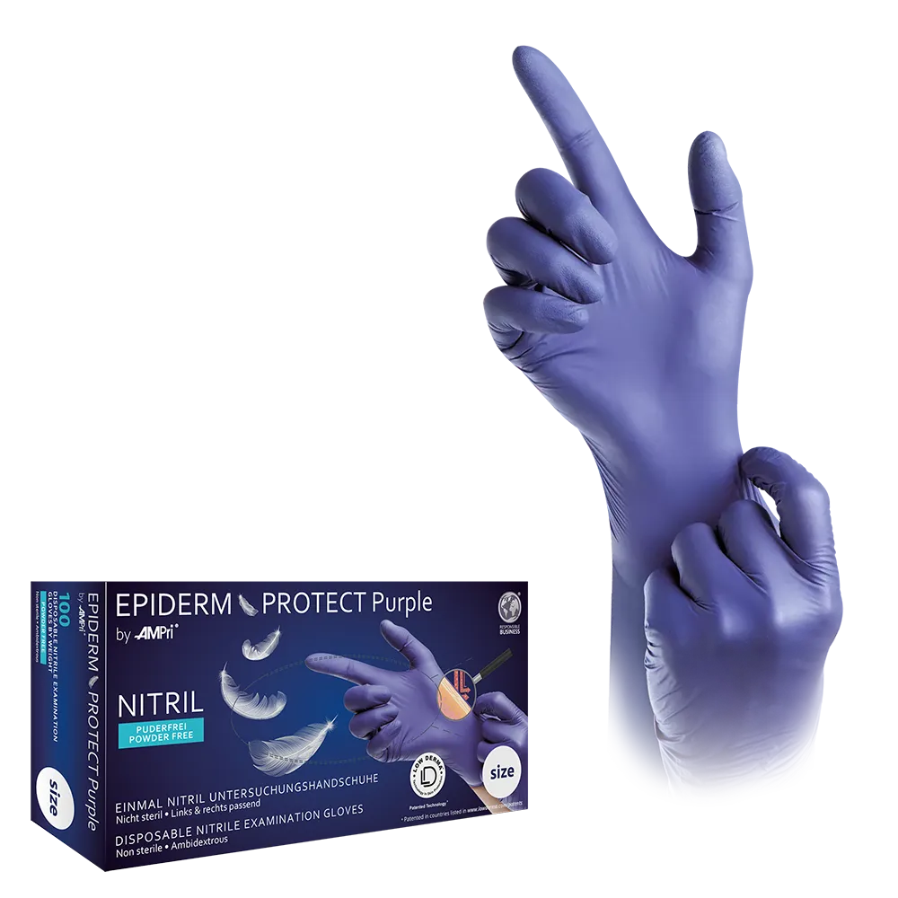 Nitrilhandschuhe, violett, Größe M, puderfrei, Epiderm Protect Purple by Med-Comfort: Hautfreundliche Nitril Einmalhandschuhe mit texturierten Fingerspitzen als Schutzhandschuhe und Untersuchungshandschuhe als PSA kaufen.