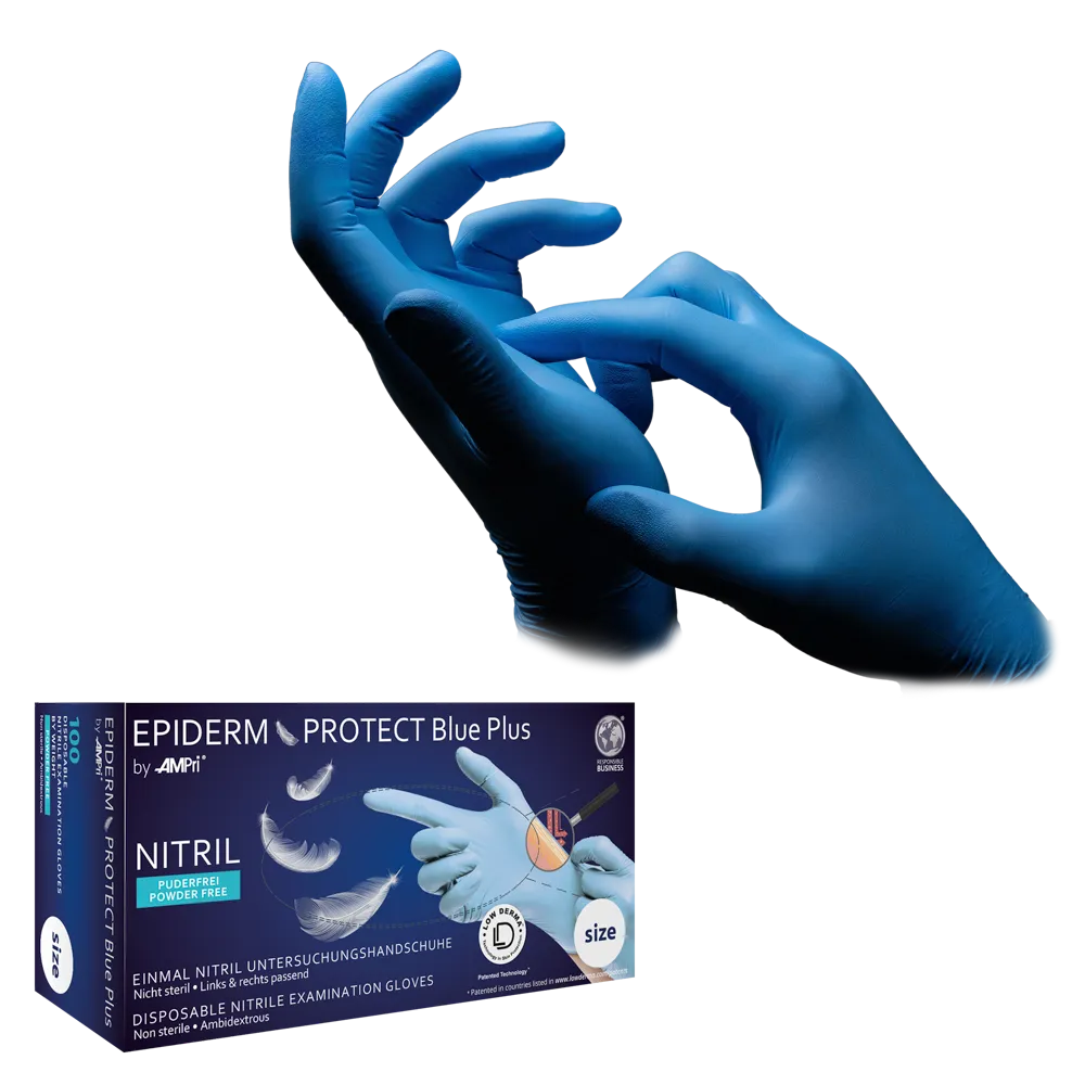 Nitrilhandschuhe, hellblau, blau, Größe M, puderfrei, Epiderm Protect Blue Plus by Med-Comfort: Hautfreundliche und lebensmittelgeeignete Nitril Einmalhandschuhe als Schutzhandschuhe und Untersuchungshandschuhe aus Nitril kaufen.