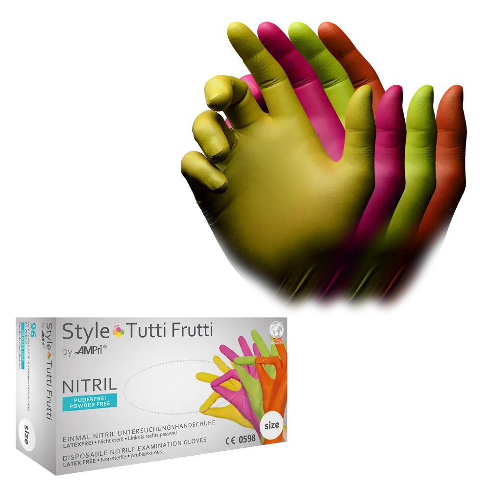 Nitrilhandschuhe, bunt, Farbenmix, Größe M, puderfrei, Style tutti frutti by Med-Comfort: Nitril Einmalhandschuhe als Schutzhandschuhe und Untersuchungshandschuhe aus Nitril kaufen.