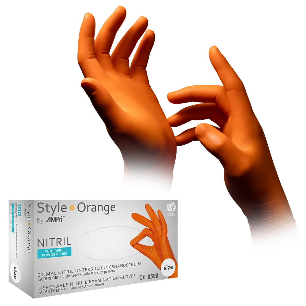 Nitrilhandschuhe, orange, Größe XL, puderfrei, Style orange by Med-Comfort: Nitril Einmalhandschuhe als Schutzhandschuhe und Untersuchungshandschuhe aus farbigem Nitril kaufen.