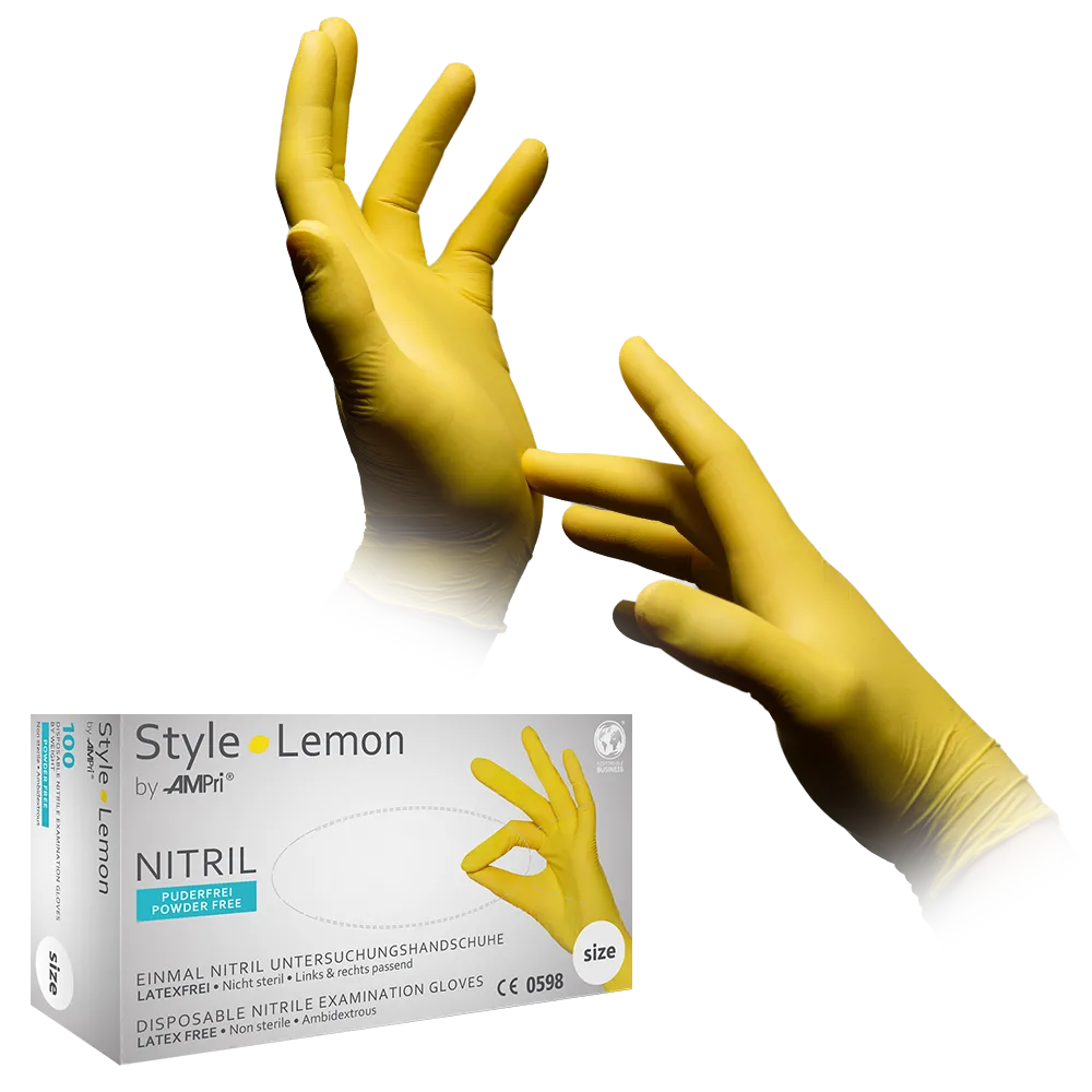 Nitrilhandschuhe, gelb, Größe M, puderfrei, Style Lemon by Med-Comfort: Nitril Einmalhandschuhe als Schutzhandschuhe und Untersuchungshandschuhe aus farbigem Nitril kaufen.