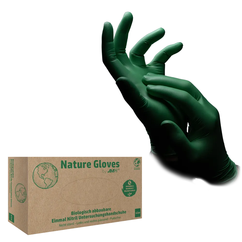 Nitrilhandschuhe, grün, Größe M, puderfrei, Nature Gloves by Med-Comfort: Nitril Einmalhandschuhe als Schutzhandschuhe und Untersuchungshandschuhe aus Nitril kaufen.